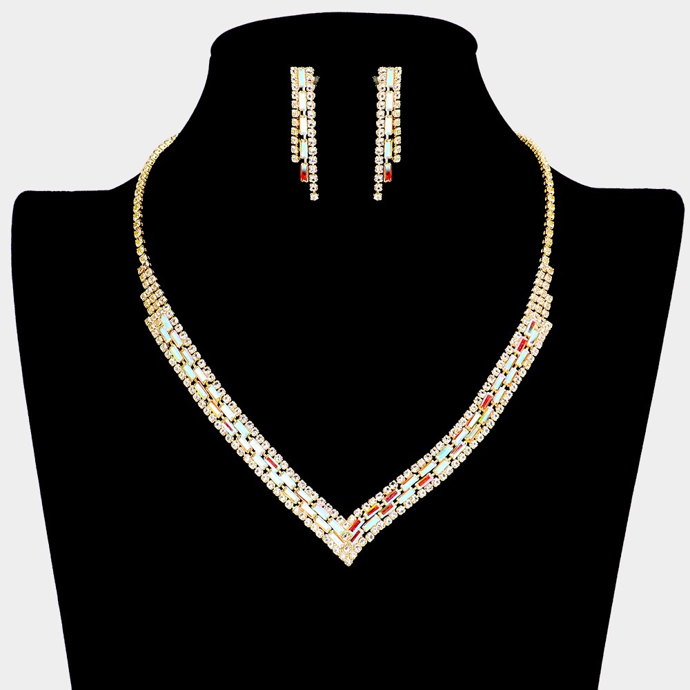 Baguette Stone Pointed Rhinestone V Shaped Statement Necklace